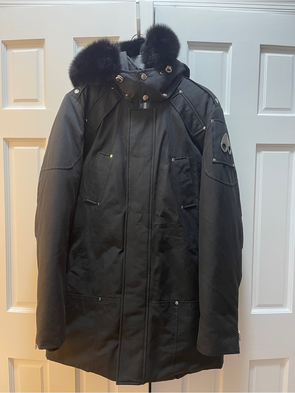 Moose Knuckles Black Fur-Trim Hooded Puffer Coat